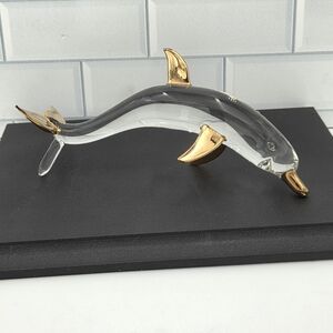 Glass Dolphin Paperweight with Gold Tail Nose and Fins Figurine